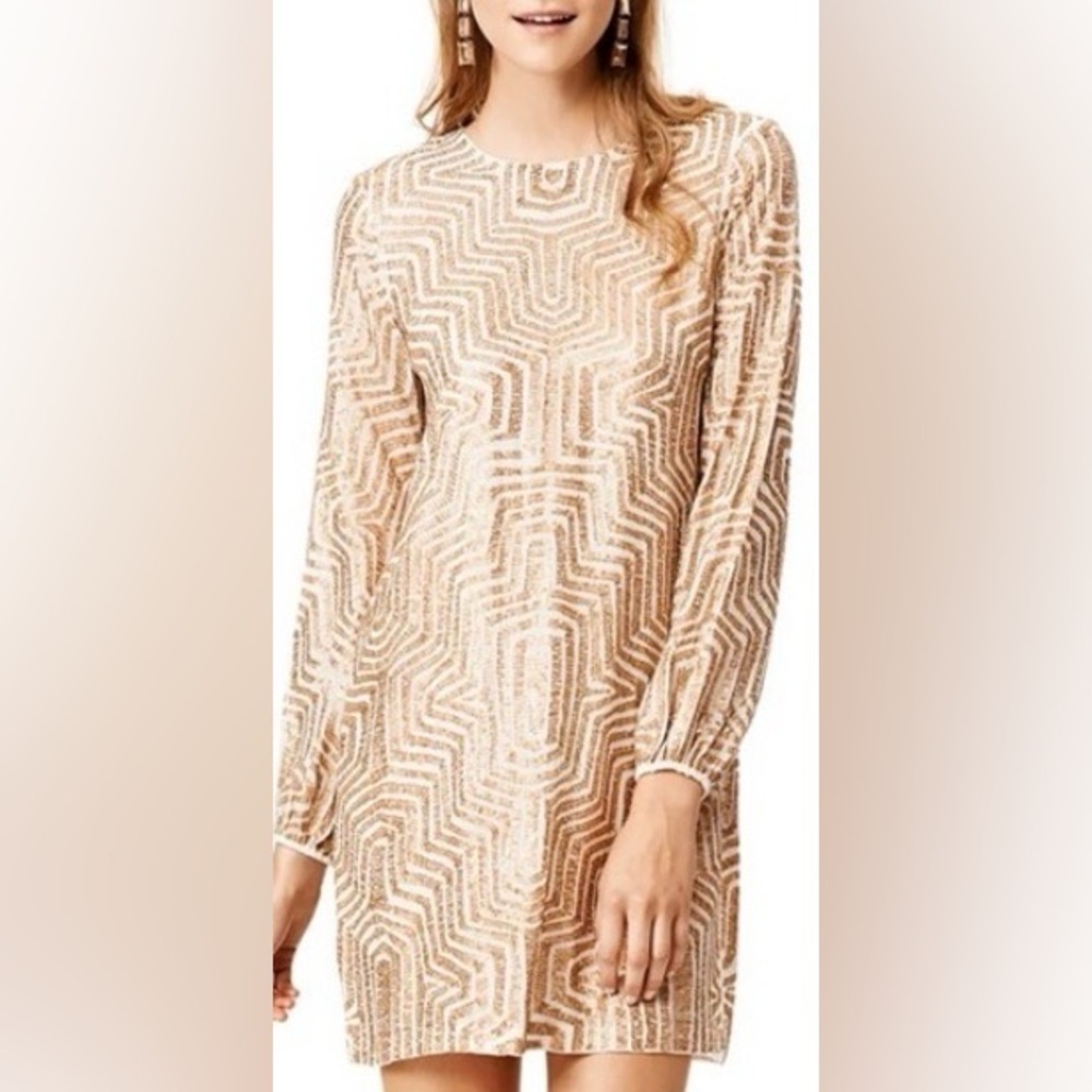 Badgley Mischka Gold Sequin Maze Shift Dress Cocktail Night Out Event Size XS